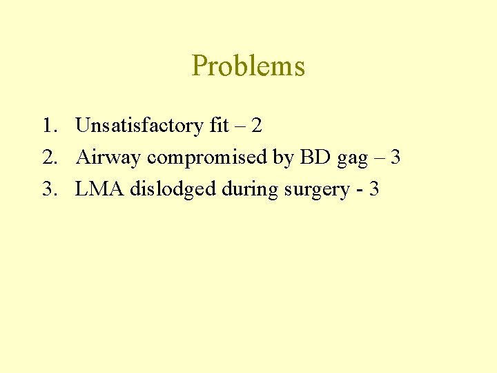 Problems 1. Unsatisfactory fit – 2 2. Airway compromised by BD gag – 3