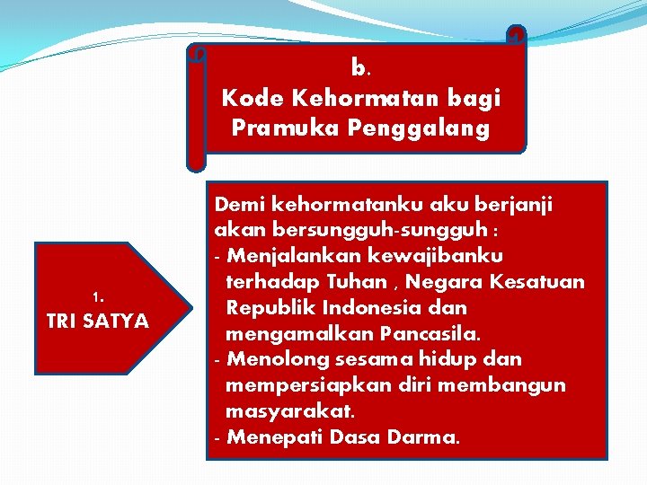 b. Kode Kehormatan bagi Pramuka Penggalang 1. TRI SATYA Demi kehormatanku aku berjanji akan