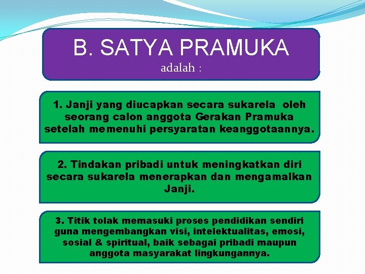 B. SATYA PRAMUKA adalah : 1. Janji yang diucapkan secara sukarela oleh seorang calon