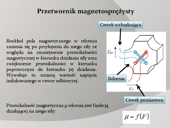 Przetwornik magnetosprężysty Cewek wzbudzająca Rozkład pola magnetycznego w rdzeniu zmienia się po przyłojeniu do