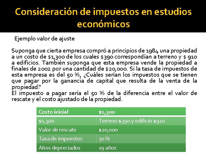 Consideración de impuestos en estudios económicos Ejemplo valor de ajuste Suponga que cierta empresa