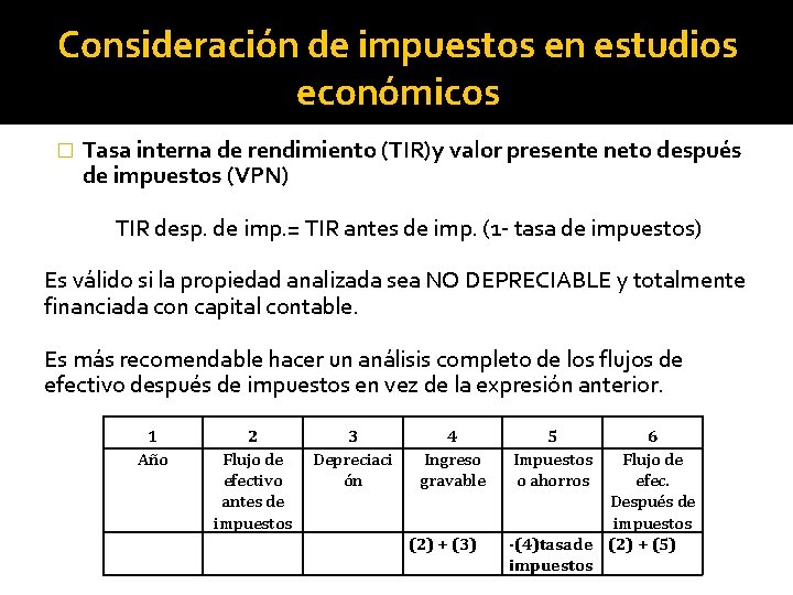 Consideración de impuestos en estudios económicos � Tasa interna de rendimiento (TIR)y valor presente