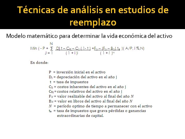 Técnicas de análisis en estudios de reemplazo Modelo matemático para determinar la vida económica