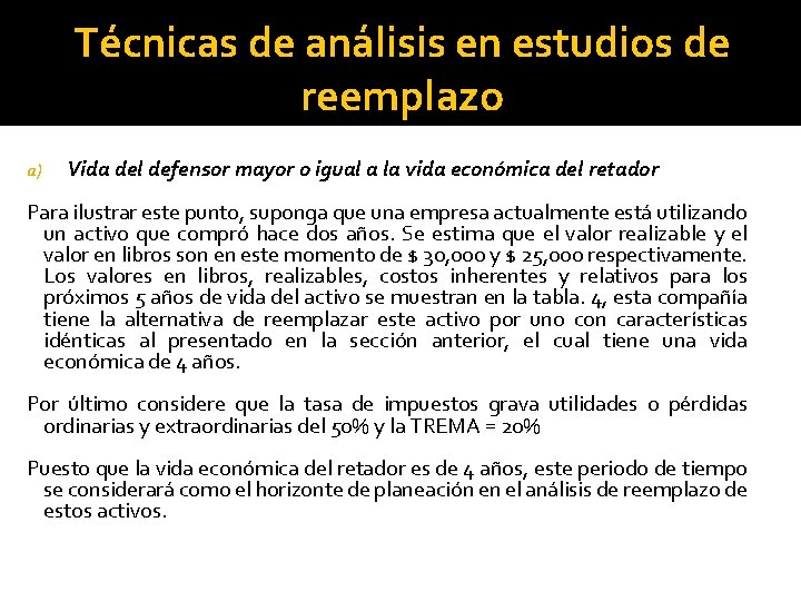 Técnicas de análisis en estudios de reemplazo a) Vida del defensor mayor o igual