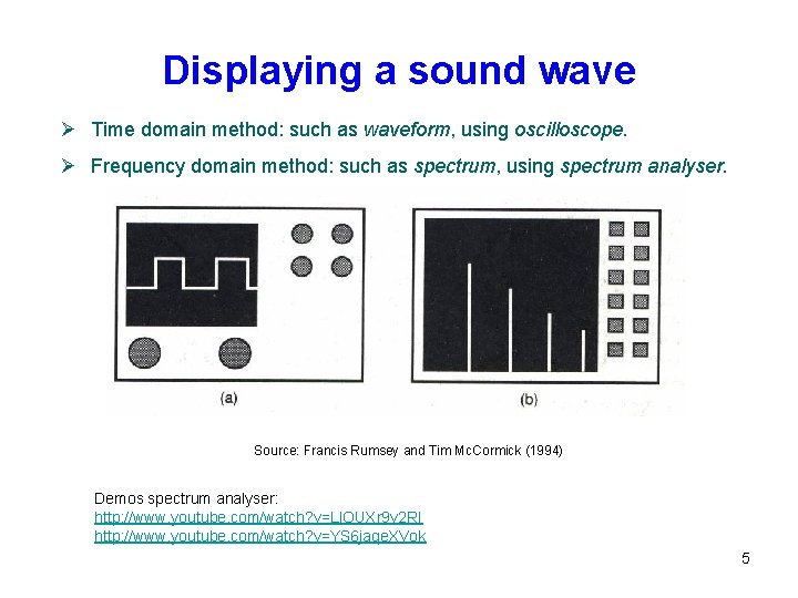 Displaying a sound wave Ø Time domain method: such as waveform, using oscilloscope. Ø