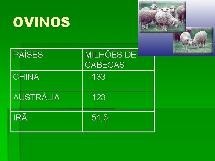 OVINOS PAÍSES CHINA MILHÕES DE CABEÇAS 133 AUSTRÁLIA 123 IRÃ 51, 5 