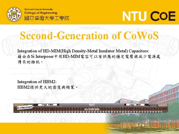 Second-Generation of Co. Wo. S Integration of HD-MIM(High Density-Metal Insulator Metal) Capacitors: 藉由在Si Interposer中用HD-MIM電容可以有供應的穩定電壓與減少電源處