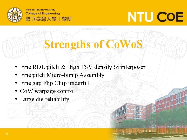 Strengths of Co. Wo. S • • • 21 Fine RDL pitch & High