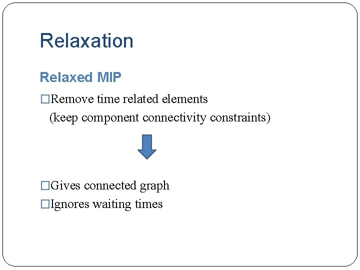Relaxation Relaxed MIP �Remove time related elements (keep component connectivity constraints) �Gives connected graph