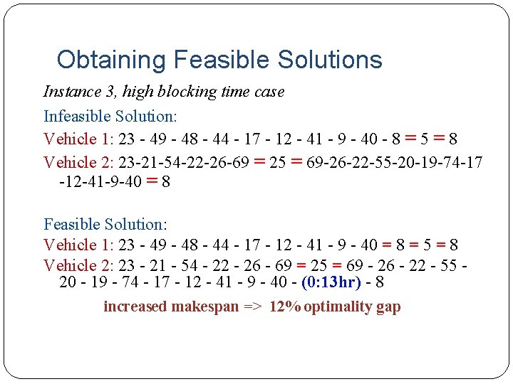 Obtaining Feasible Solutions Instance 3, high blocking time case Infeasible Solution: Vehicle 1: 23
