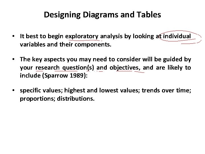 Designing Diagrams and Tables • It best to begin exploratory analysis by looking at