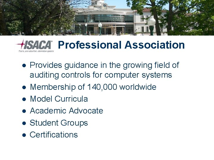 ISACA Professional Association l l l Provides guidance in the growing field of auditing