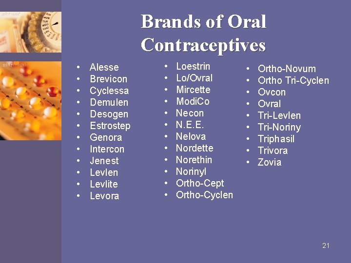 Brands of Oral Contraceptives • • • Alesse Brevicon Cyclessa Demulen Desogen Estrostep Genora