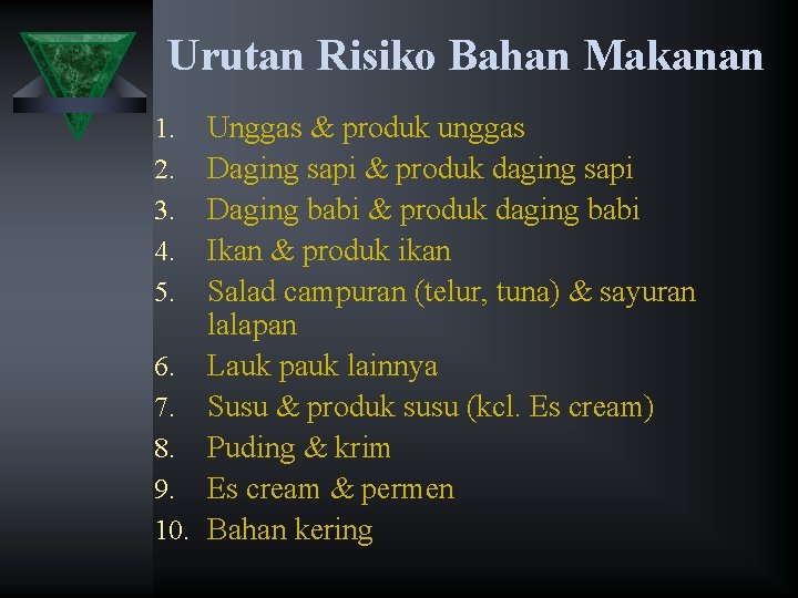 Urutan Risiko Bahan Makanan Unggas & produk unggas Daging sapi & produk daging sapi