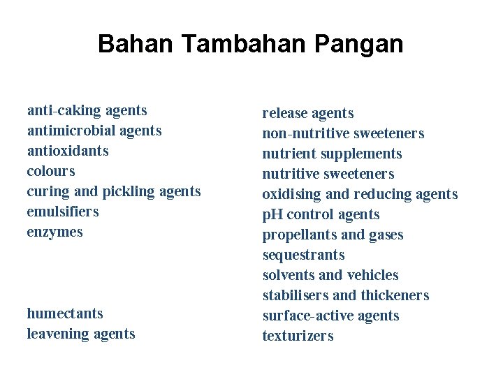 Bahan Tambahan Pangan anti-caking agents antimicrobial agents antioxidants colours curing and pickling agents emulsifiers