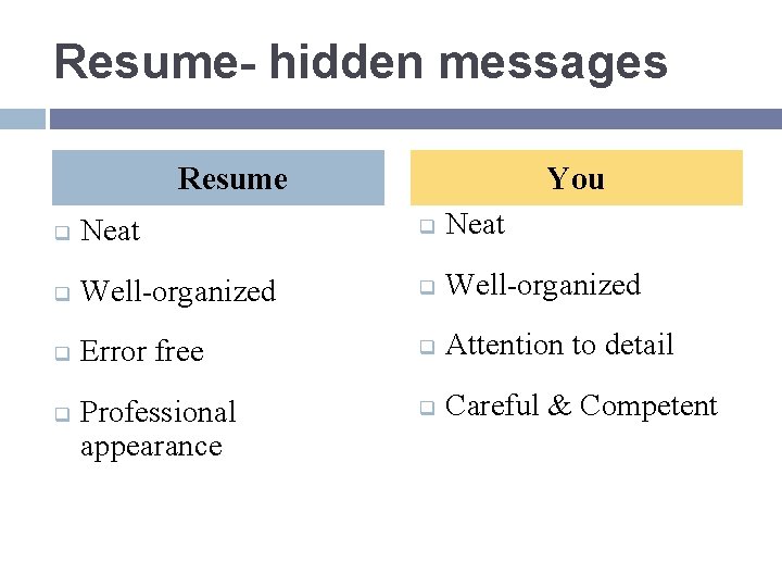 Resume- hidden messages Resume You q Neat q Well-organized q Error free q Attention