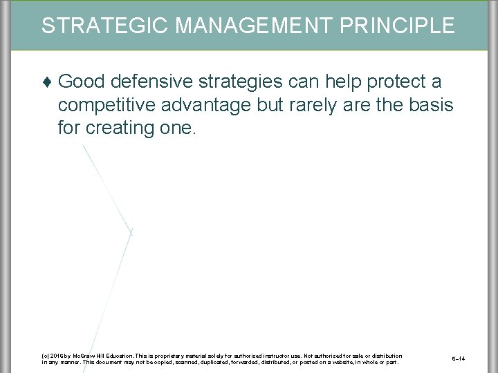 STRATEGIC MANAGEMENT PRINCIPLE ♦ Good defensive strategies can help protect a competitive advantage but