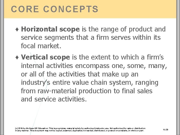 CORE CONCEPTS ♦ Horizontal scope is the range of product and service segments that