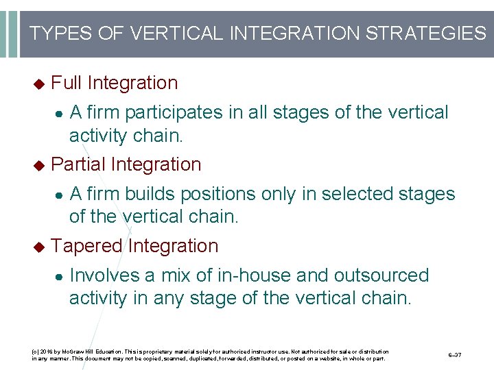 TYPES OF VERTICAL INTEGRATION STRATEGIES Full Integration ● Partial Integration ● A firm participates