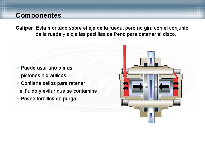 Componentes Caliper: Esta montado sobre el eje de la rueda, pero no gira con