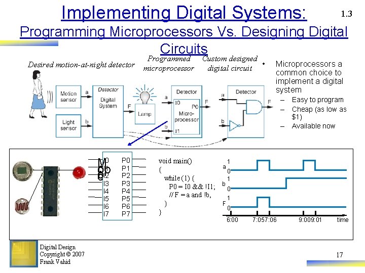 Implementing Digital Systems: 1. 3 Programming Microprocessors Vs. Designing Digital Circuits Desired motion-at-night detector