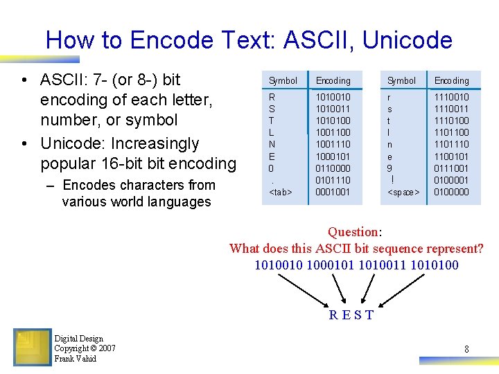 How to Encode Text: ASCII, Unicode • ASCII: 7 - (or 8 -) bit