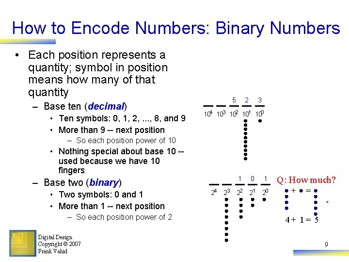 How to Encode Numbers: Binary Numbers • Each position represents a quantity; symbol in