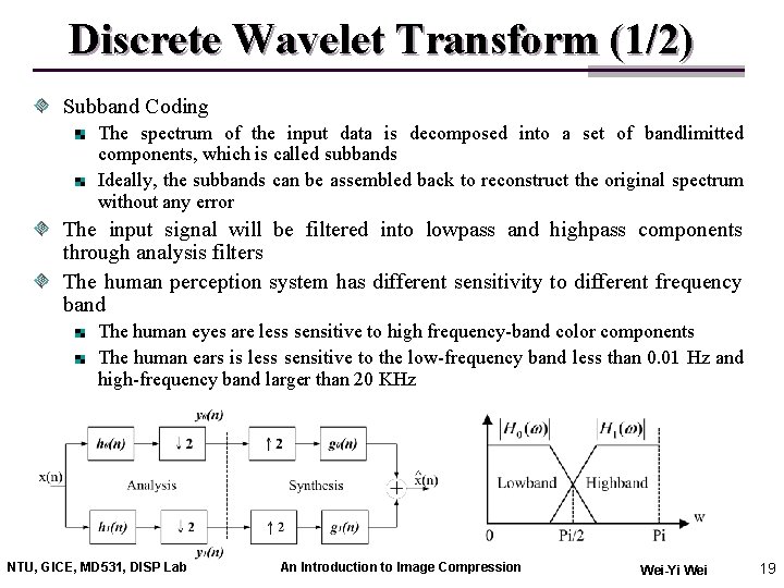 Discrete Wavelet Transform (1/2) Subband Coding The spectrum of the input data is decomposed