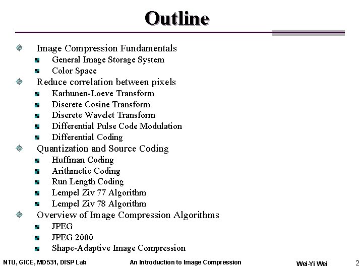 Outline Image Compression Fundamentals General Image Storage System Color Space Reduce correlation between pixels