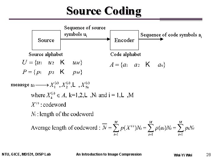 Source Coding Source alphabet Sequence of source symbols ui Encoder Sequence of code symbols