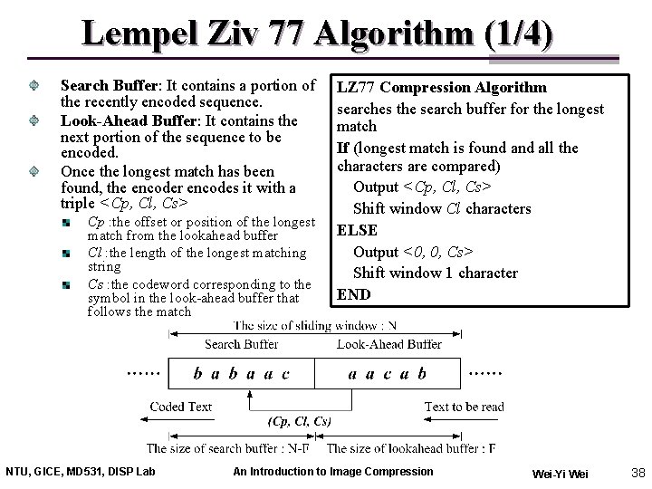Lempel Ziv 77 Algorithm (1/4) Search Buffer: It contains a portion of the recently