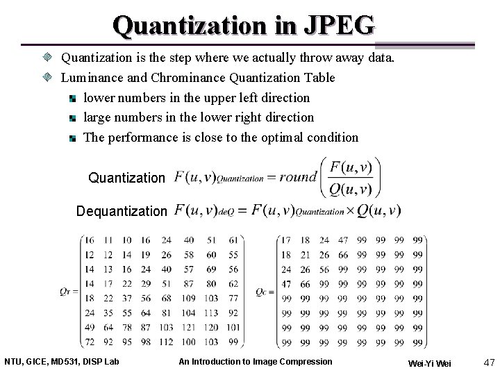 Quantization in JPEG Quantization is the step where we actually throw away data. Luminance