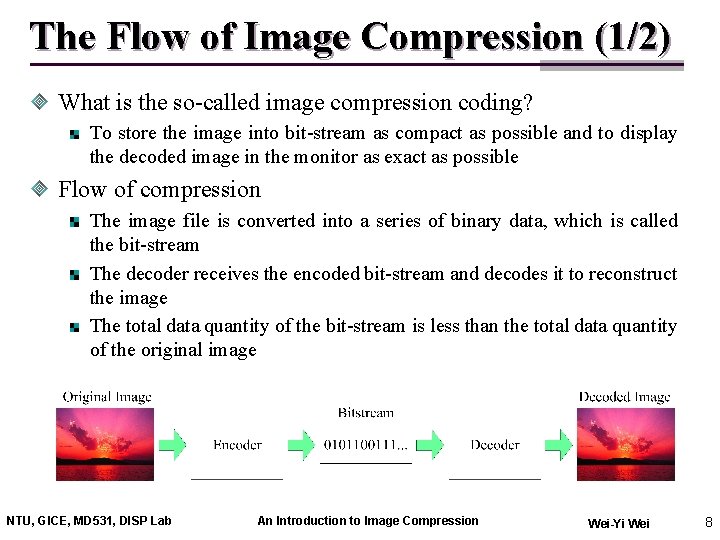 The Flow of Image Compression (1/2) What is the so-called image compression coding? To