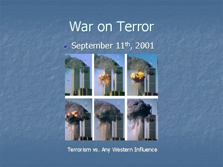 War on Terror September 11 th, 2001 Terrorism vs. Any Western Influence War on Terror September 11 th, 2001 Terrorism vs. Any Western Influence