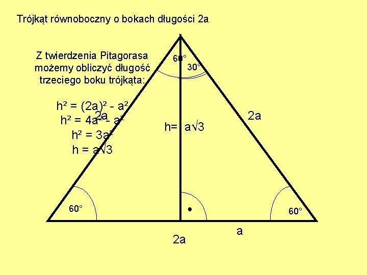 Trójkąt równoboczny o bokach długości 2 a Z twierdzenia Pitagorasa możemy obliczyć długość trzeciego