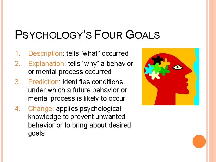 PSYCHOLOGY’S FOUR GOALS 1. 2. 3. 4. Description: tells “what” occurred Explanation: tells “why”