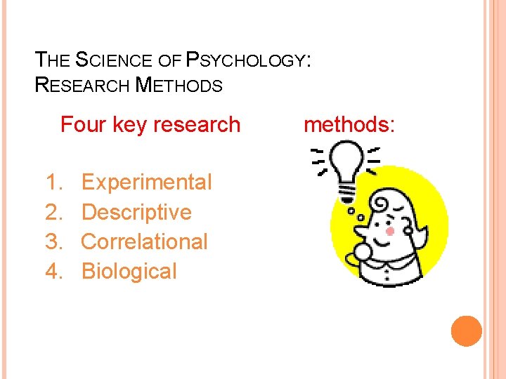 THE SCIENCE OF PSYCHOLOGY: RESEARCH METHODS Four key research 1. 2. 3. 4. Experimental THE SCIENCE OF PSYCHOLOGY: RESEARCH METHODS Four key research 1. 2. 3. 4. Experimental