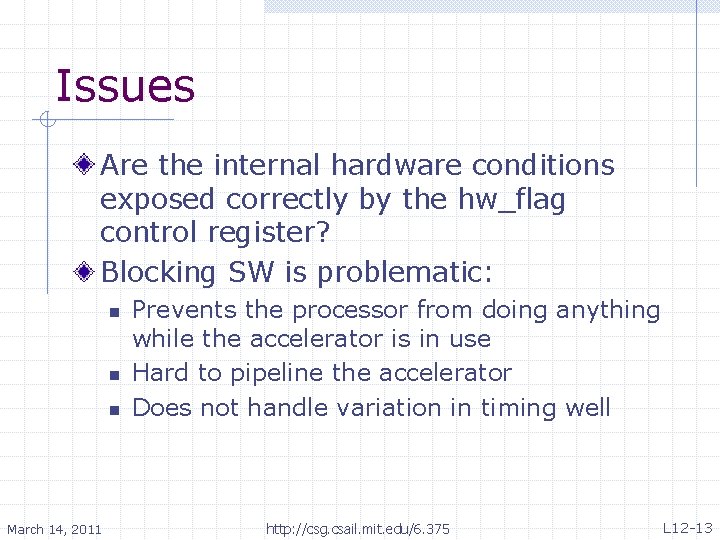 Issues Are the internal hardware conditions exposed correctly by the hw_flag control register? Blocking