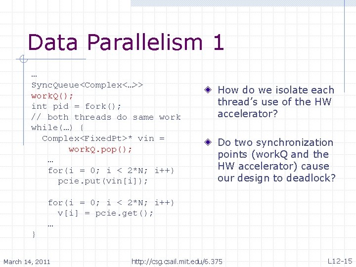 Data Parallelism 1 … Sync. Queue<Complex<…>> work. Q(); int pid = fork(); // both