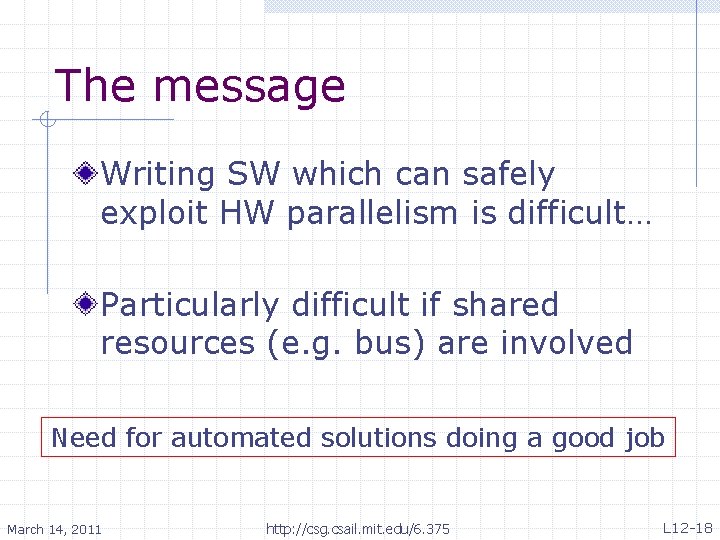 The message Writing SW which can safely exploit HW parallelism is difficult… Particularly difficult