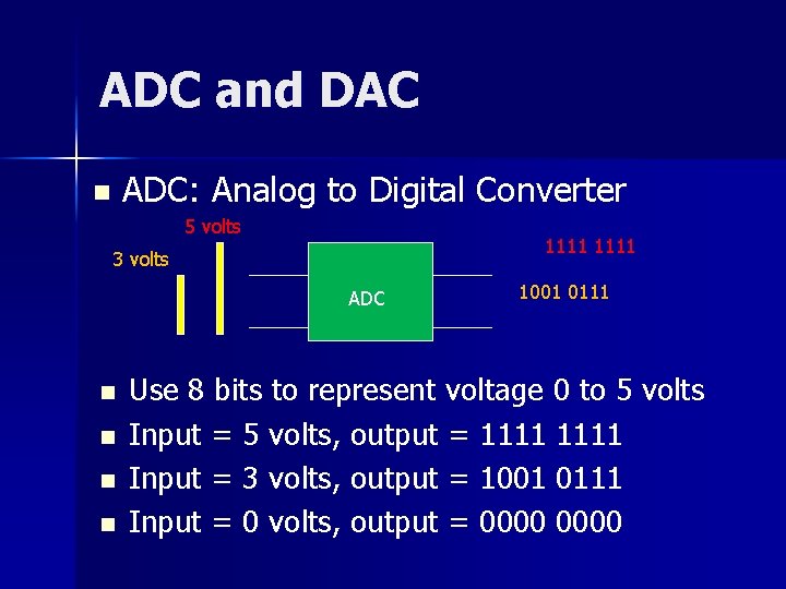 ADC and DAC ADC: Analog to Digital Converter n 5 volts 1111 3 volts