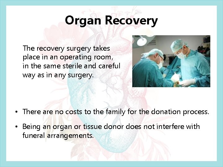 Organ Recovery The recovery surgery takes place in an operating room, in the same Organ Recovery The recovery surgery takes place in an operating room, in the same