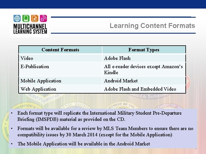 Learning Content Formats Format Types Video Adobe Flash E-Publication All e-reader devices except Amazon’s
