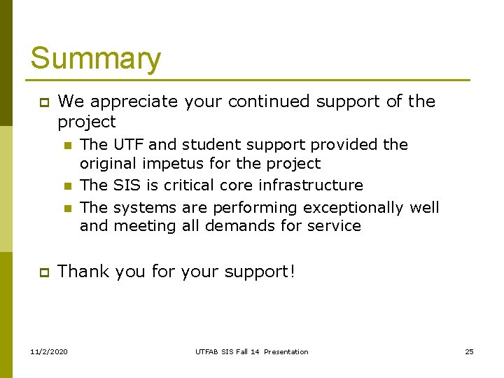 Summary p We appreciate your continued support of the project n n n p Summary p We appreciate your continued support of the project n n n p