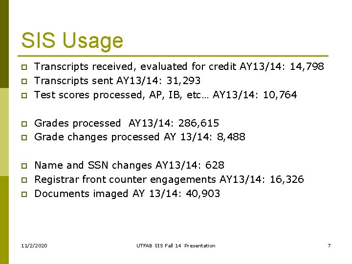 SIS Usage p p p p Transcripts received, evaluated for credit AY 13/14: 14, SIS Usage p p p p Transcripts received, evaluated for credit AY 13/14: 14,