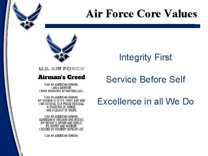 Air Force Core Values Integrity First Service Before Self Excellence in all We Do