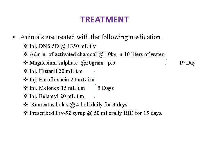 TREATMENT • Animals are treated with the following medication v Inj. DNS 5 D