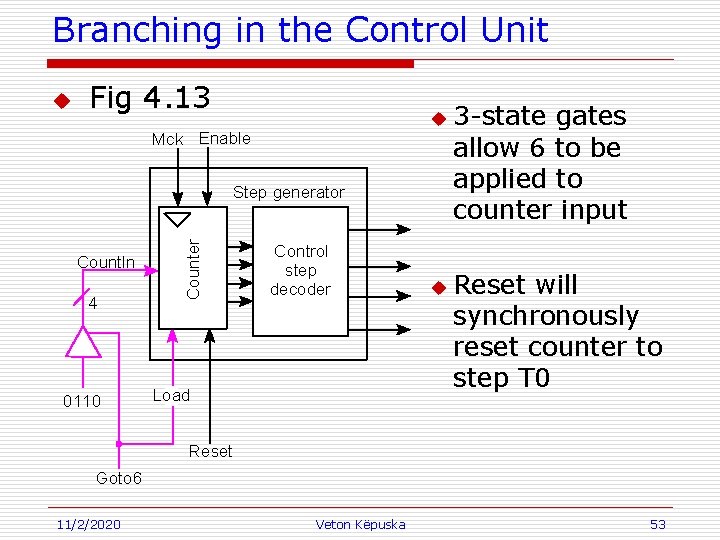 Branching in the Control Unit u Fig 4. 13 u Mck Enable Countln 4