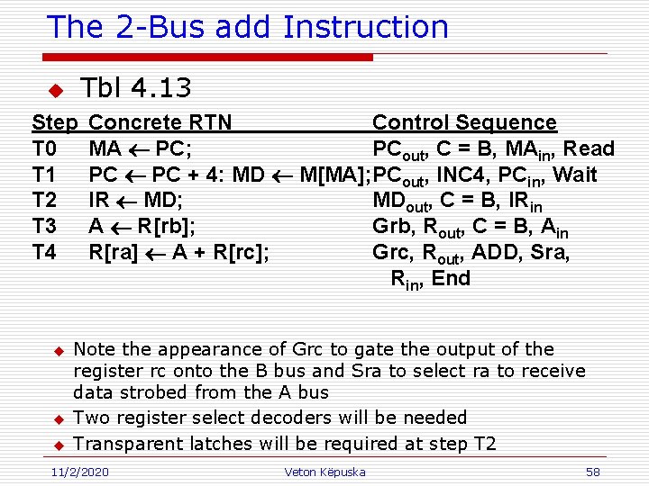 The 2 -Bus add Instruction Tbl 4. 13 u Step T 0 T 1