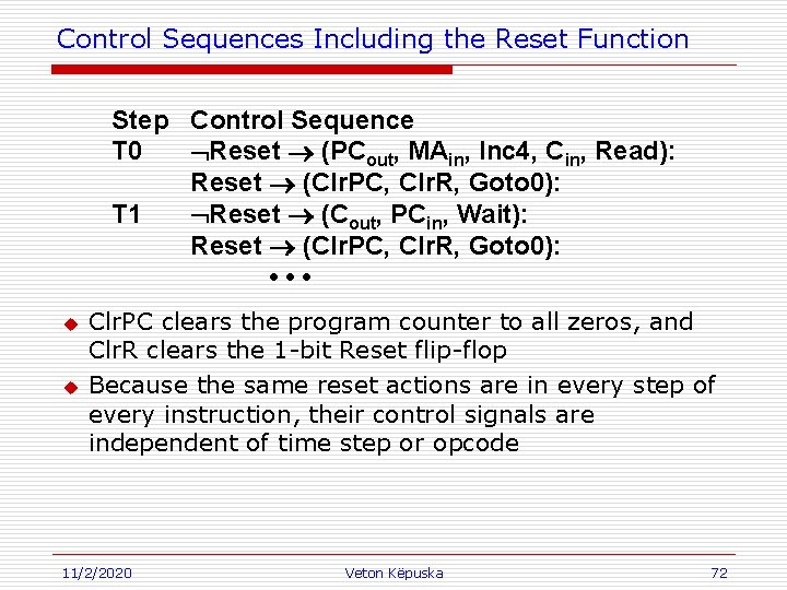 Control Sequences Including the Reset Function Step T 0 T 1 u u Control